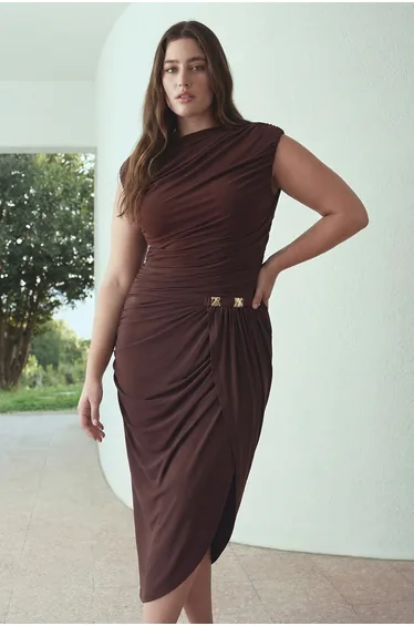 Brown Sandy Shirred Detailed Knitted Plus Size Dress