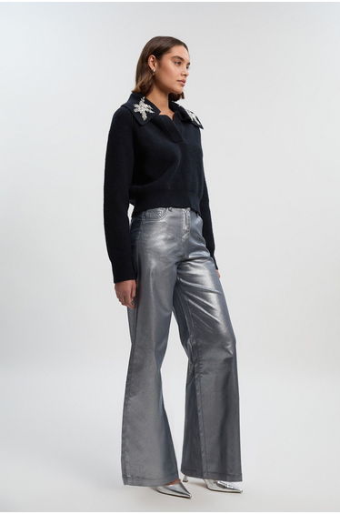 Metallic Coated Denim Wide Leg Jean