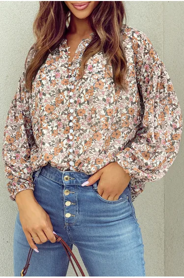 Lvness Orange Bohemian Floral Puff Sleeve Full Button Shirt