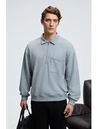 GRIMELANGE AUGUST Men's 100% Cotton Half-Zip Collar Pocket Decorative Label Grimelange Sweatshirt - 1