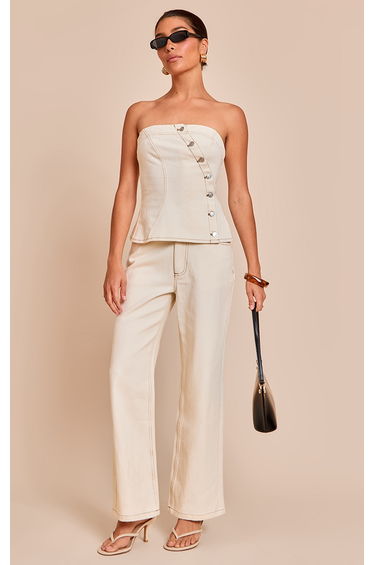 Petite Ecru Denim Asymmetric Button Bandeau Top
