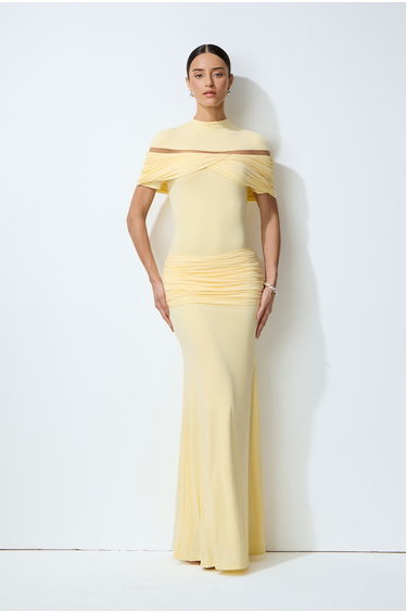 Softly Beautiful Yellow Ruched Crisscross Knit Maxi Dress