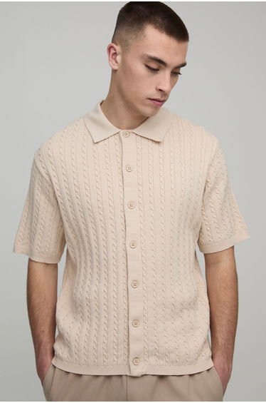 Boxy Fit Soft Touch Short Sleeve Cable Knitted Shirt - stone