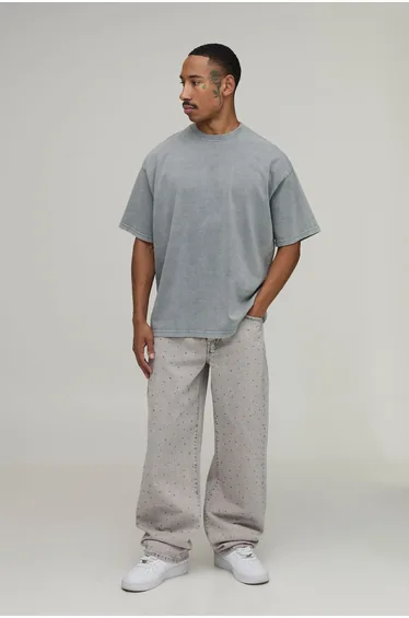 Ice Wash All Over Rhinestone Relaxed Fit Jeans - ice grey