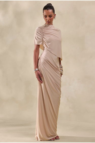 Lunaline | Champagne High-Neck Maxi Dress With Asymmetric Cape And Draped-Detailing