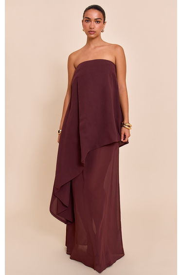 Chocolate Chiffon Bandeau Overlay Maxi Dress