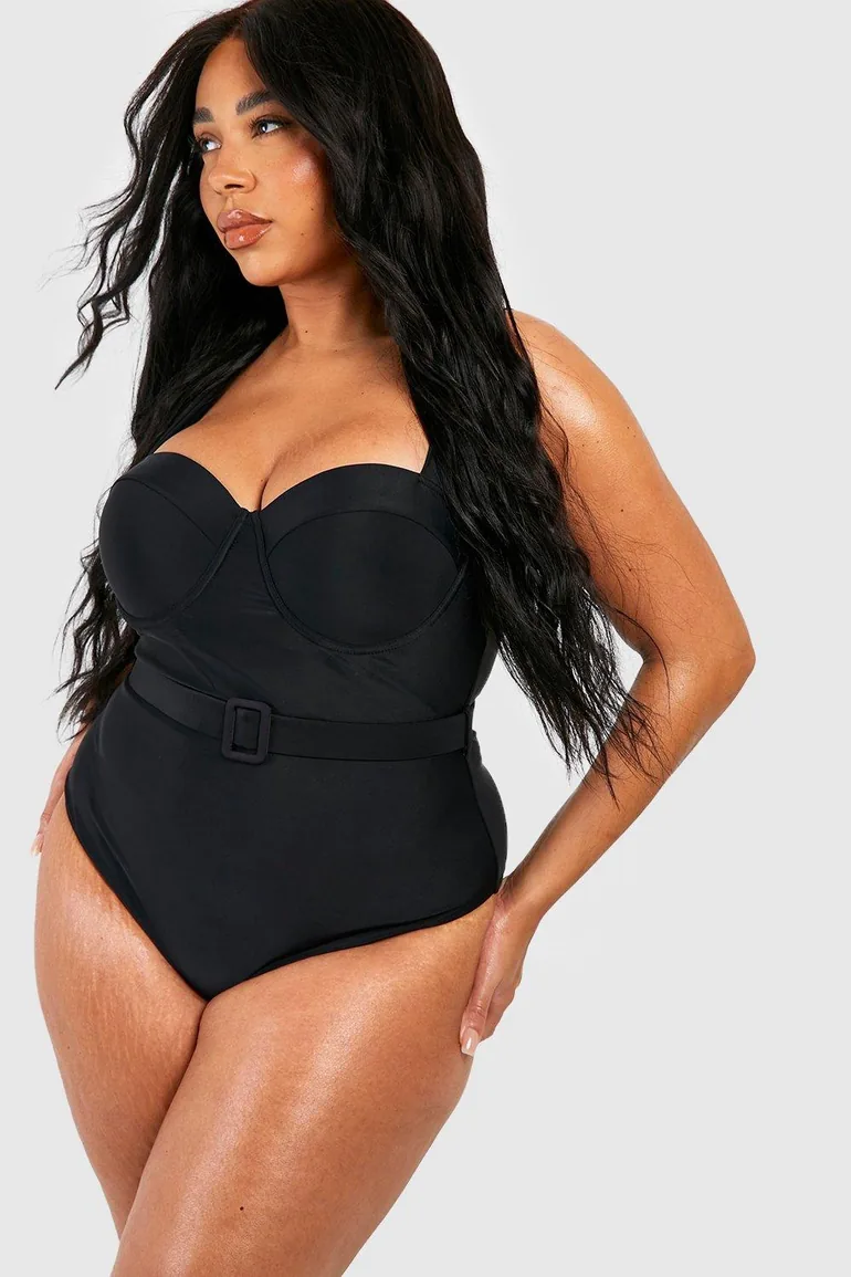 Plus Belted Underwired Tummy Control Swimsuit - black