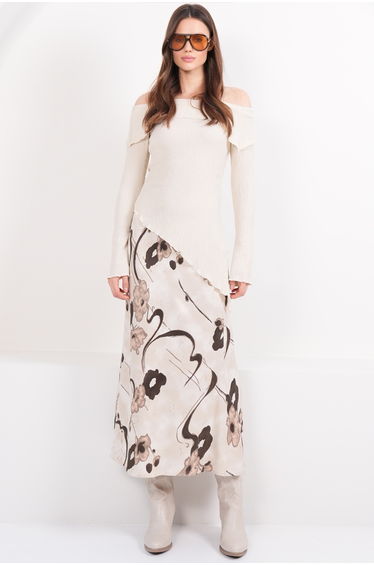 Beige Floral Patterned Zippered Satin Midi Skirt