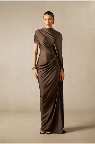 Melina Asymmetric Sleeve Drape Maxi Dress