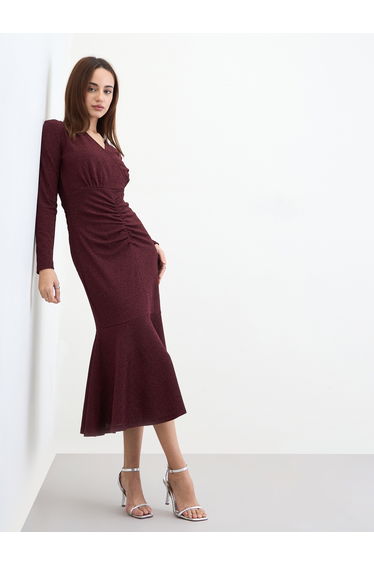 Women Burgundy Mermaid Hem Midi Dress