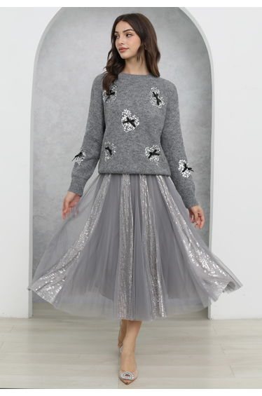 Striking Sequin Panel Mesh Tulle Midi Skirt in Grey