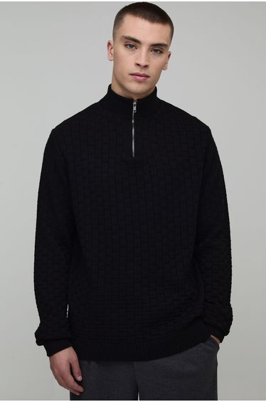 Regular Fit Geo Knitted 1/4 Zip Jumper - black