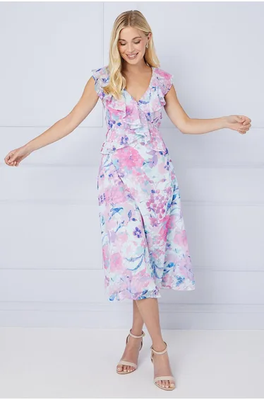 Petite Floral Dobby Ruffle Midi Dress