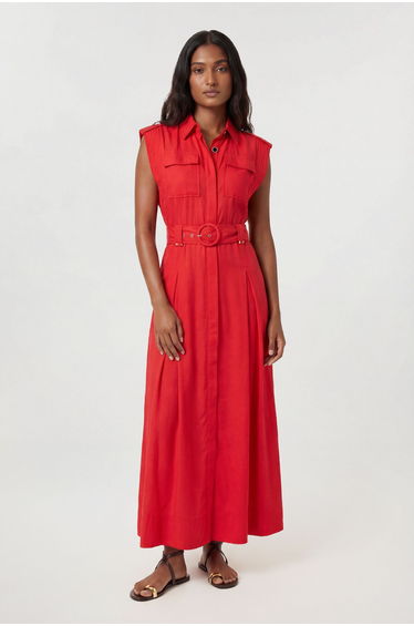 Premium Viscose Linen Belted Woven Midaxi Dress With Gold Hardware Detail