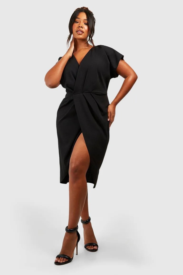 Shop Plus Wrap Front Midi Dress - black Online in Oman