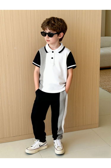 Boys Color Block Polo T-Shirt and Pants Set