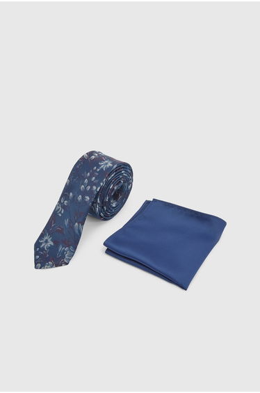 Navy Multi Floral Tie and Plain Pocket Square