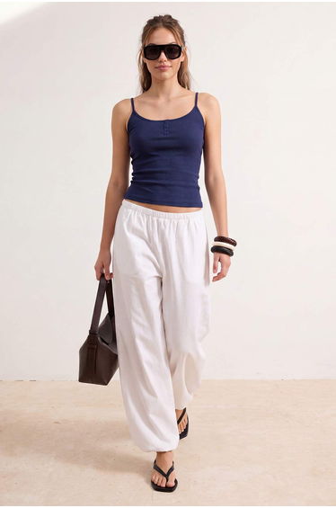 Navy Blue Plain Fitted Pool Collar Spaghetti Strap Sleeveless P Cotton R Rib Knit Knitted Undershirt
