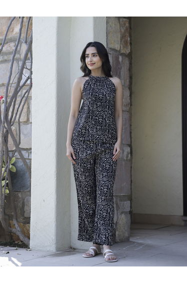 Black Printed Viscose Rayon Top and Pants Co-Ord Set