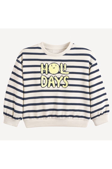 Striped Fleece Round-Neck Sweatshirt, Fleece Text