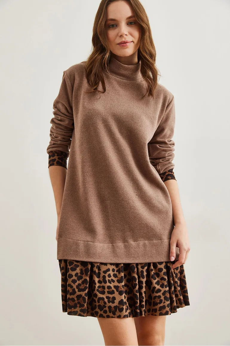 Women Camel Leopard Garnished Thessaloniki Dress - 2