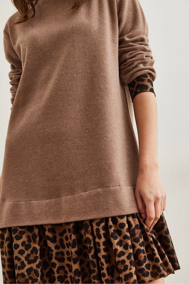 Women Camel Leopard Garnished Thessaloniki Dress - 4