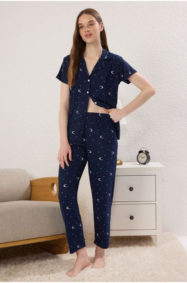 Navy Blue Galaxy Patterned Knitted Pajama Set