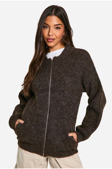 Oversized Zip Through Knitted Bomber Jacket - chocolate