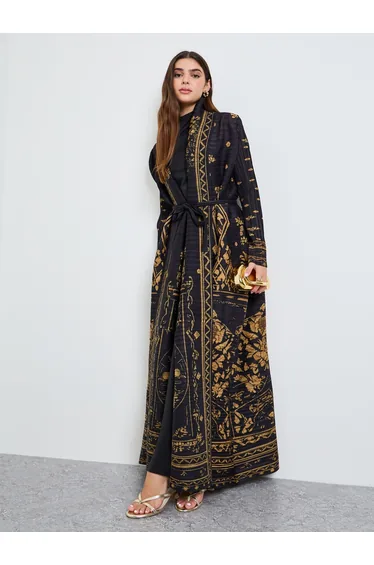 Black All Over Print Plisse Abaya with Tie-Belt