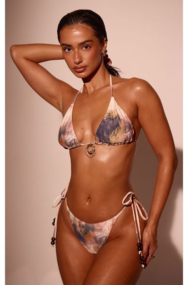 Brown Abstract Print Tie Side Bikini Bottoms