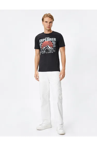 Far East Printed Crew Neck Short Sleeve Cotton T-Shirt