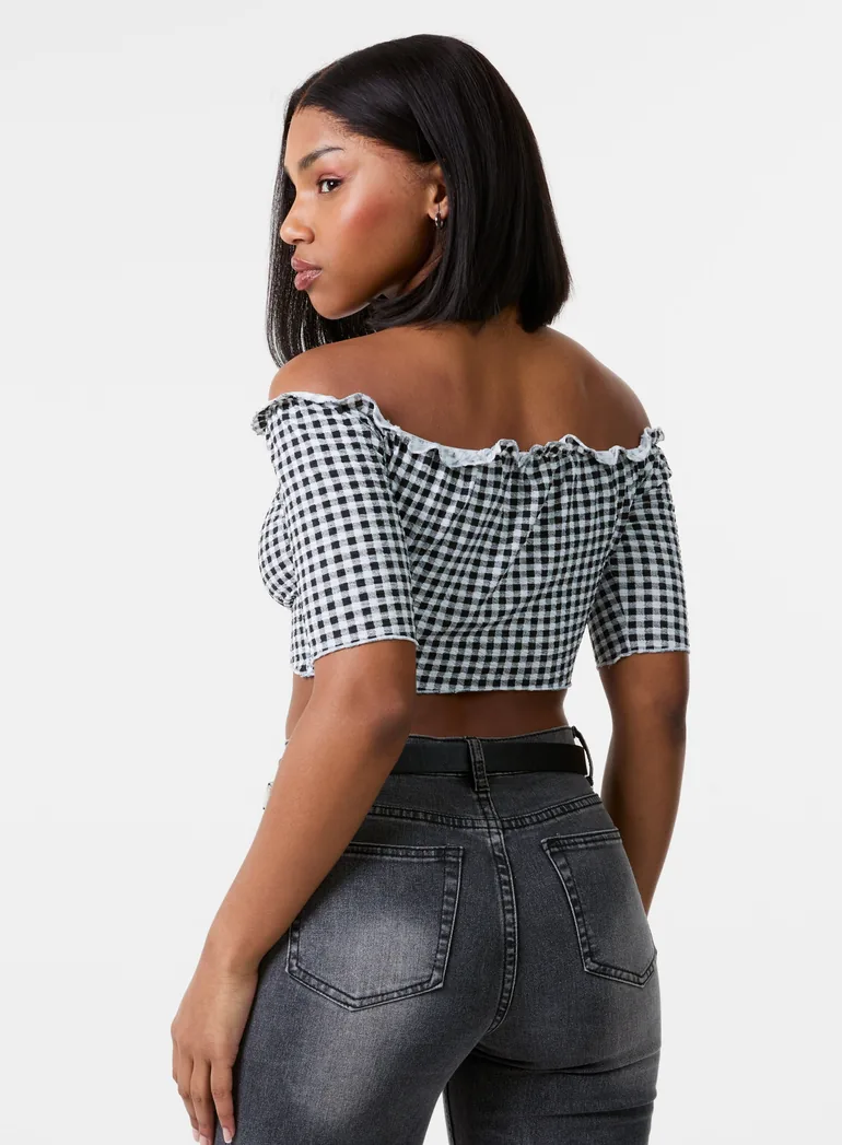 Frill Detail Gingham Bardot Top - 3