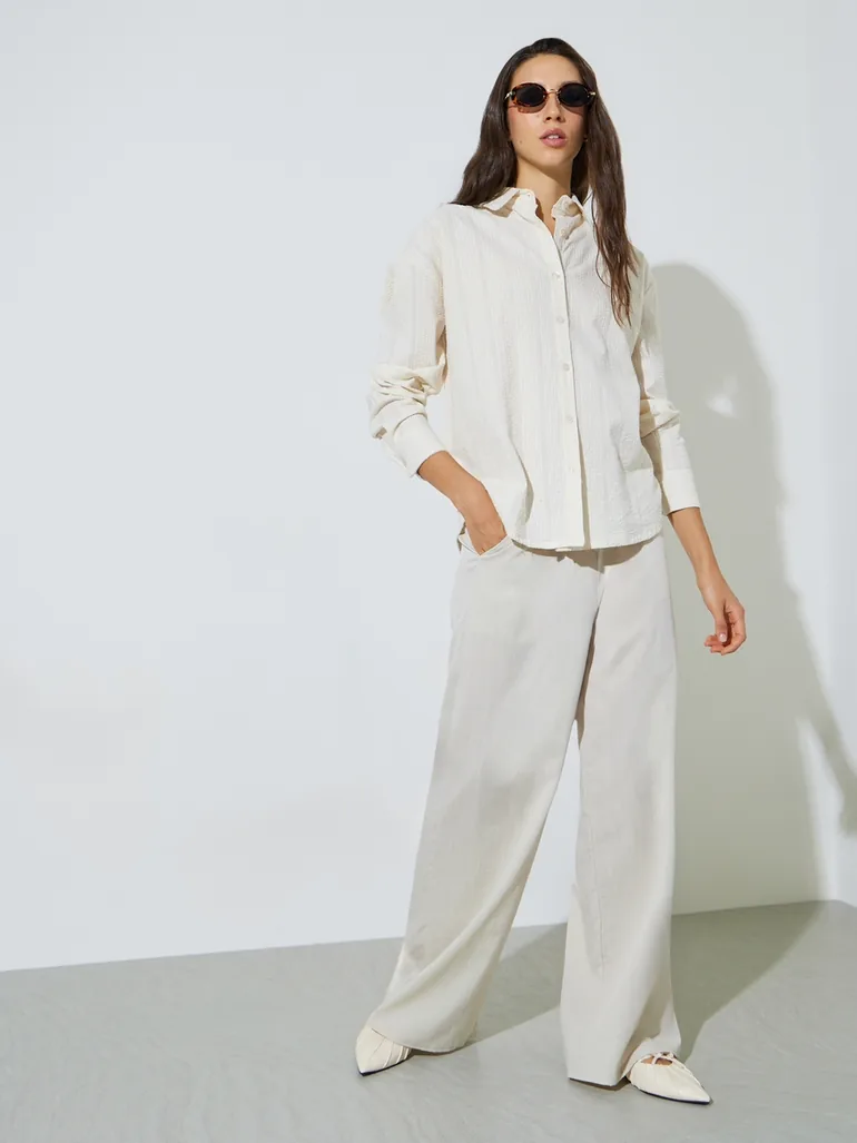 Pale Yellow Textured Cotton Oversized Shirt - 1