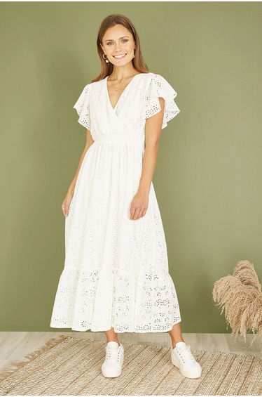 Yumi White Cotton Broderie Anglaise Wrap Dress
