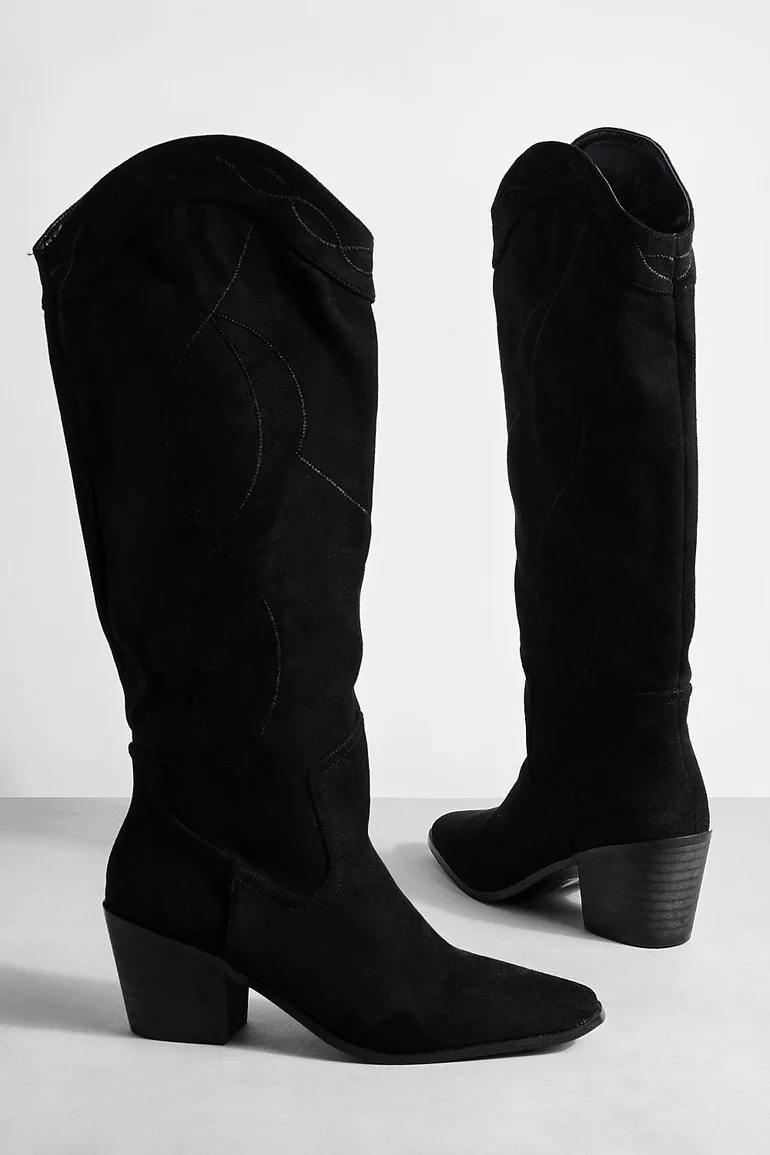Casual Knee High Western Cowboy Boots - black - 2