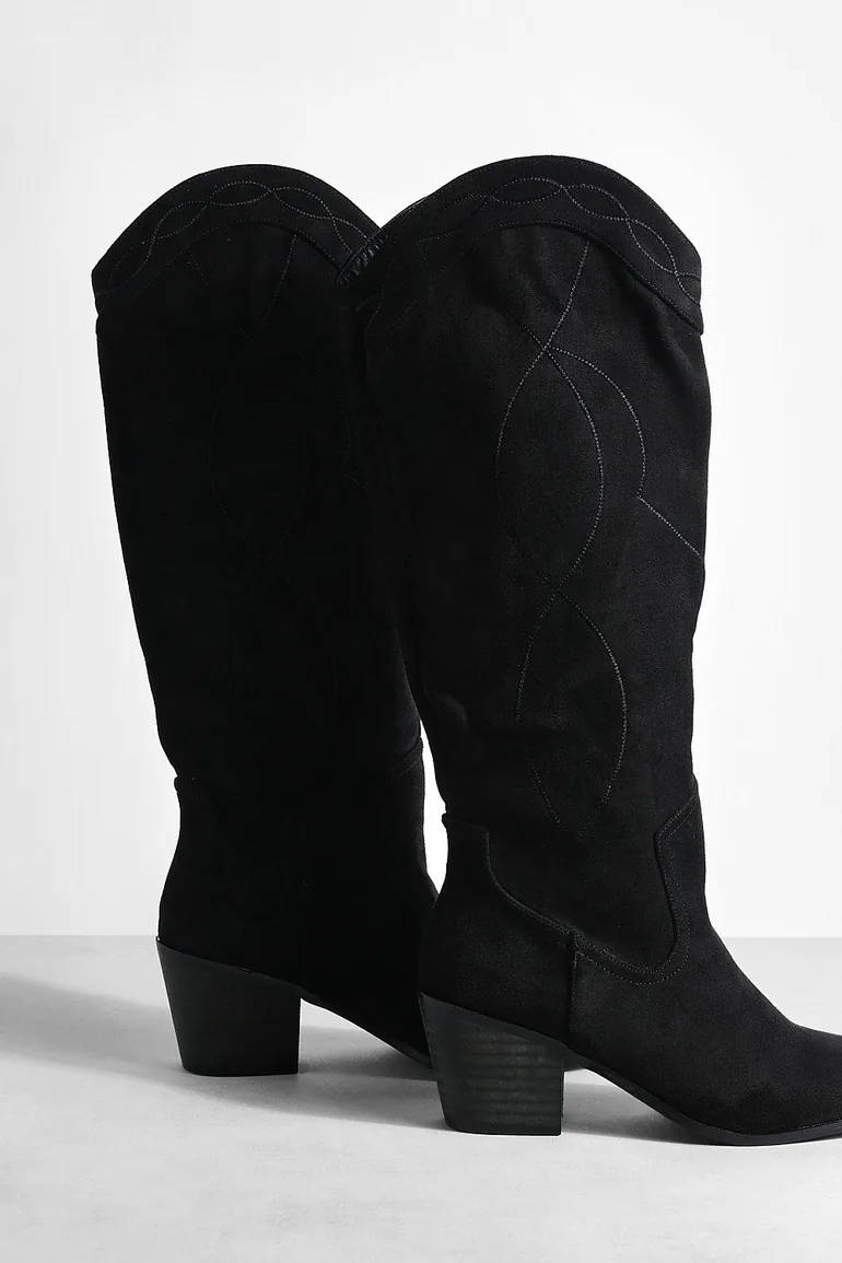 Casual Knee High Western Cowboy Boots - black - 3