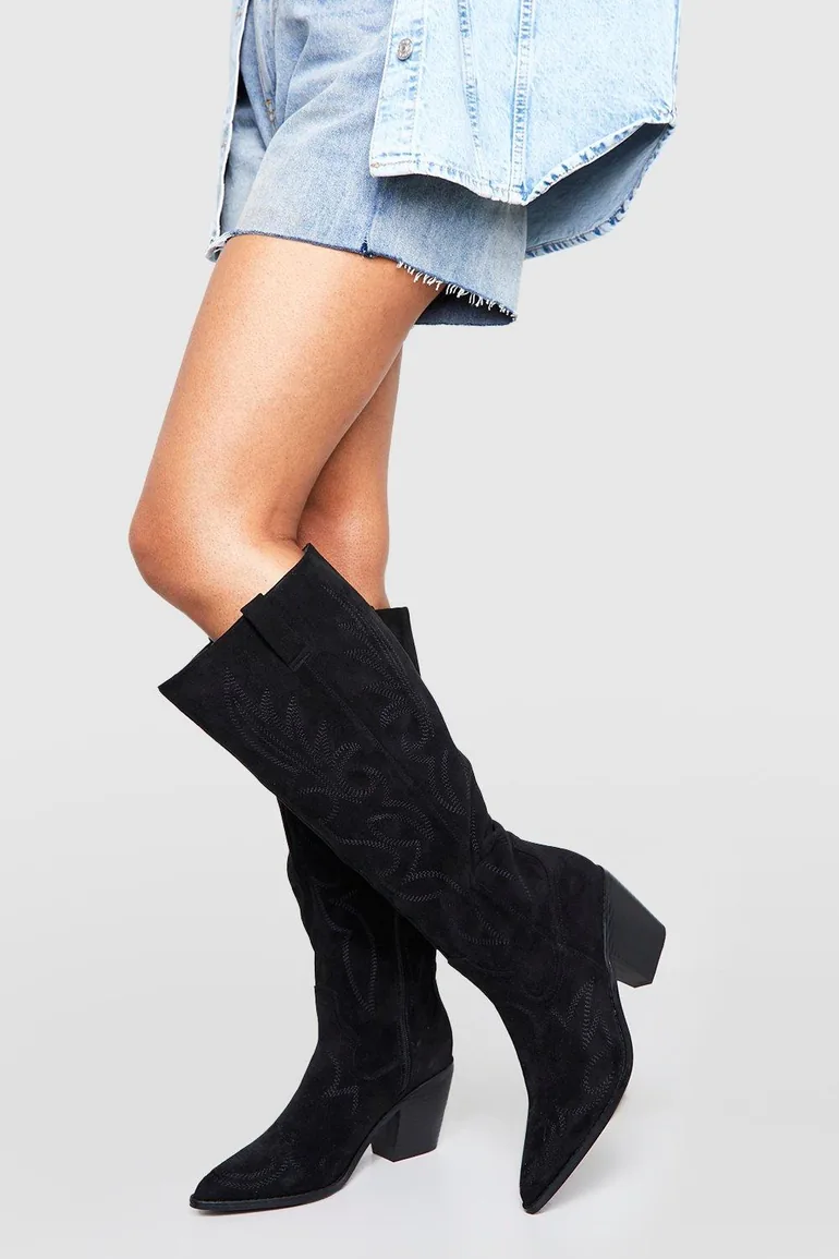 Casual Knee High Western Cowboy Boots - black