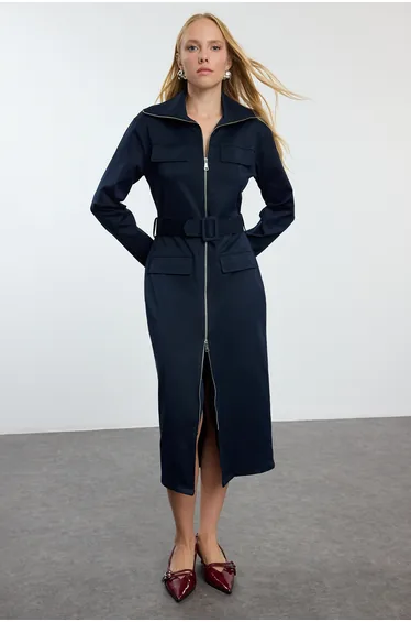 Navy Blue Zippered Pocket Detailed Gabardine Fabric Midi Woven Shirt Dress