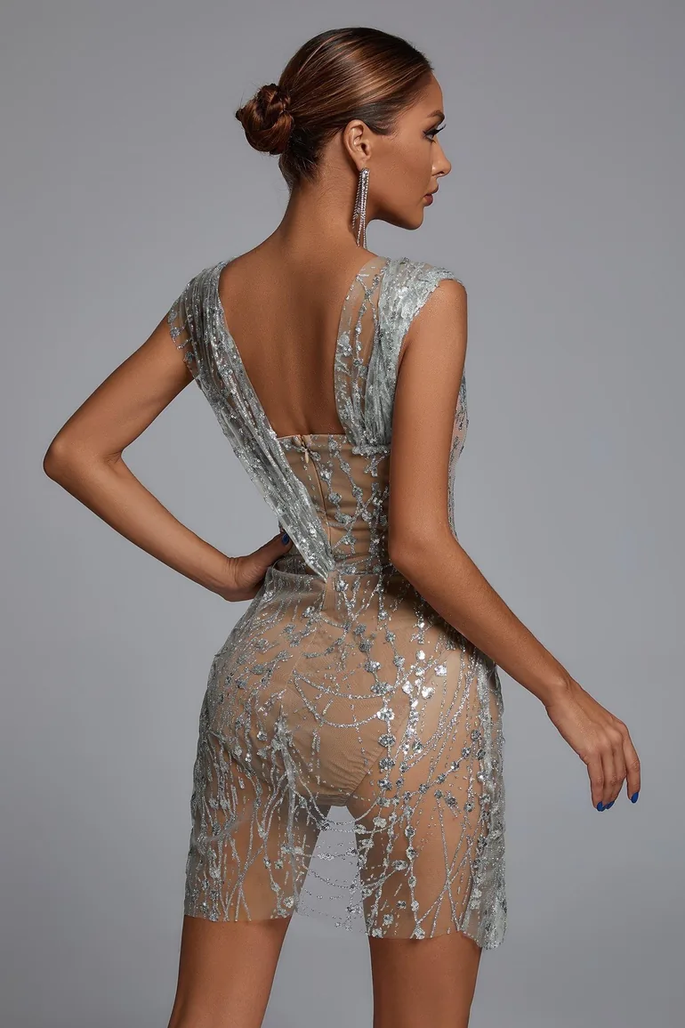 Sedaya Glitter Mesh Mini Dress - Silver - 5