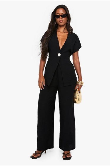 Linen Look Button Detail Top and Wide Leg Trouser Co-ord - black