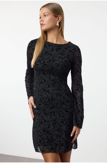 Black Flock Printed Bodycon Mini Knit Dress