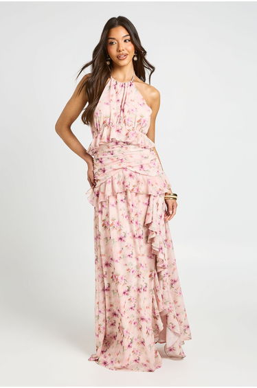 Floral Halterneck Chiffon Ruffle Detail Maxi Dress - pink
