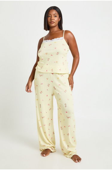 Plus Pointelle Bunny Print Cami And Trouser Pj Set - yellow