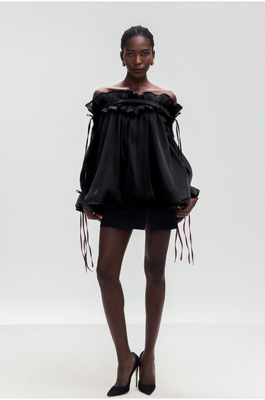 Aneirin Off Shoulder Mesh Ruffle Top In Black