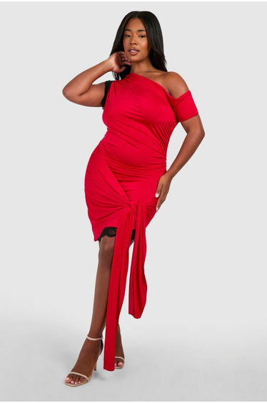 Plus Lace Trim Off The Shoulder Tie Mini Dress - red