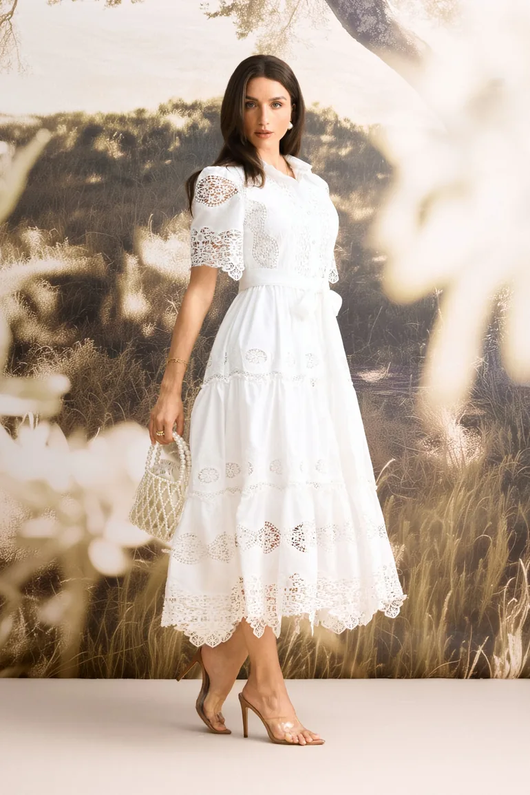 Ella Short Sleeve Embroidered Lace Midi Dress - 3