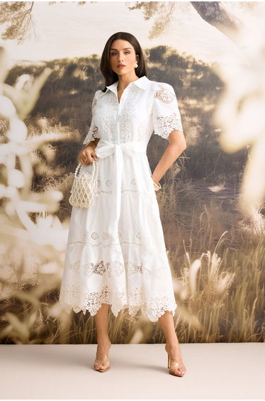 Ella Short Sleeve Embroidered Lace Midi Dress