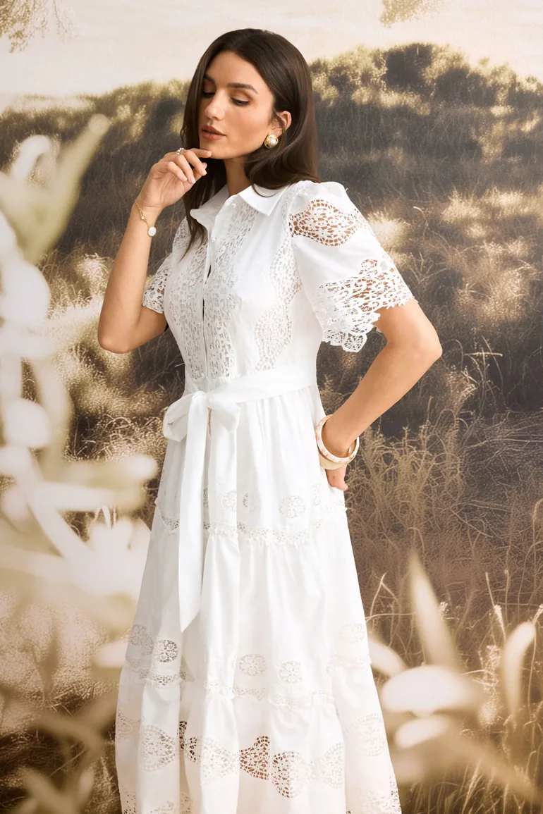 Ella Short Sleeve Embroidered Lace Midi Dress - 6