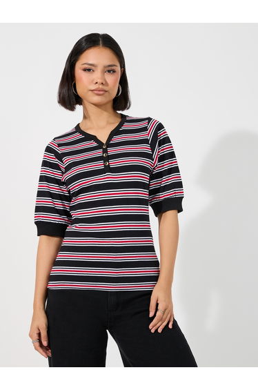 Striped V Neck Knit Top with Half Button Placket