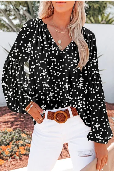 Lvness Black Floral Print V Neck Long Puff Sleeve Top